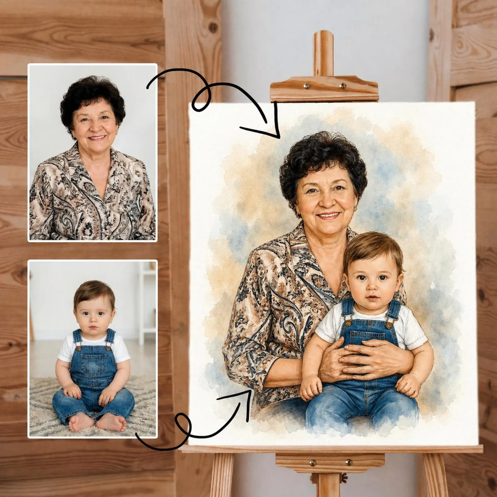 Memorial-style custom portrait of a grandmother holding a baby
