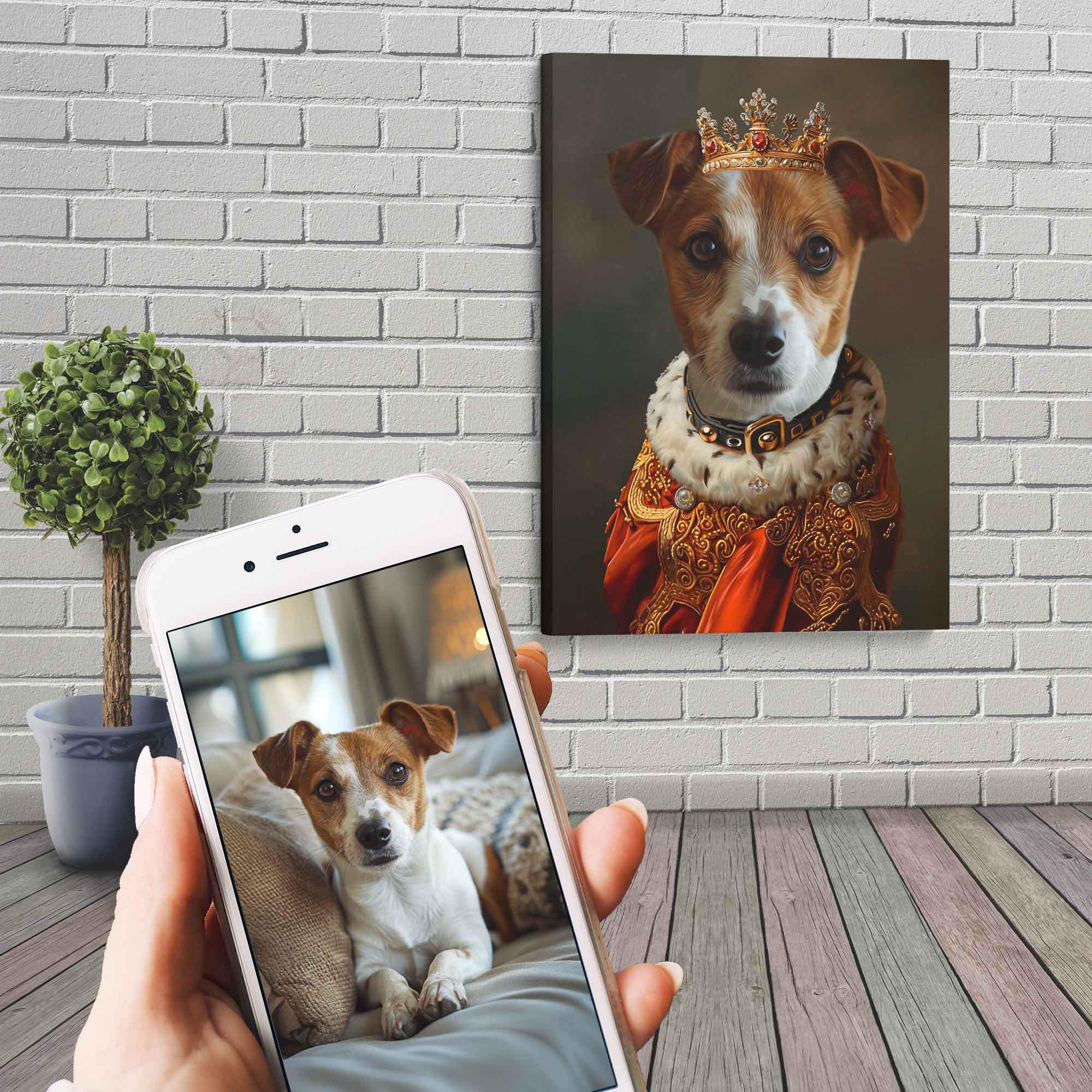 Regal custom pet portrait of a dog painted as royalty