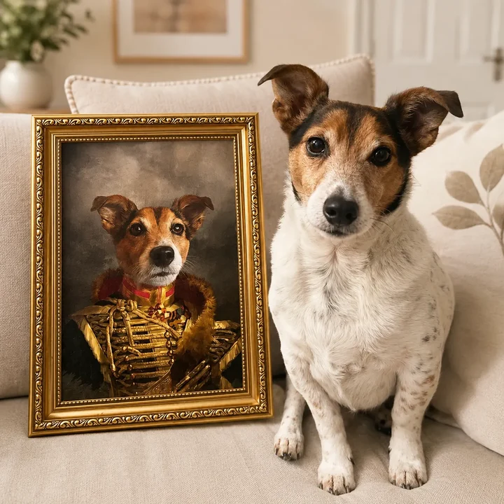 Hand-finished custom pet portrait in a gold frame beside the real dog it was painted from