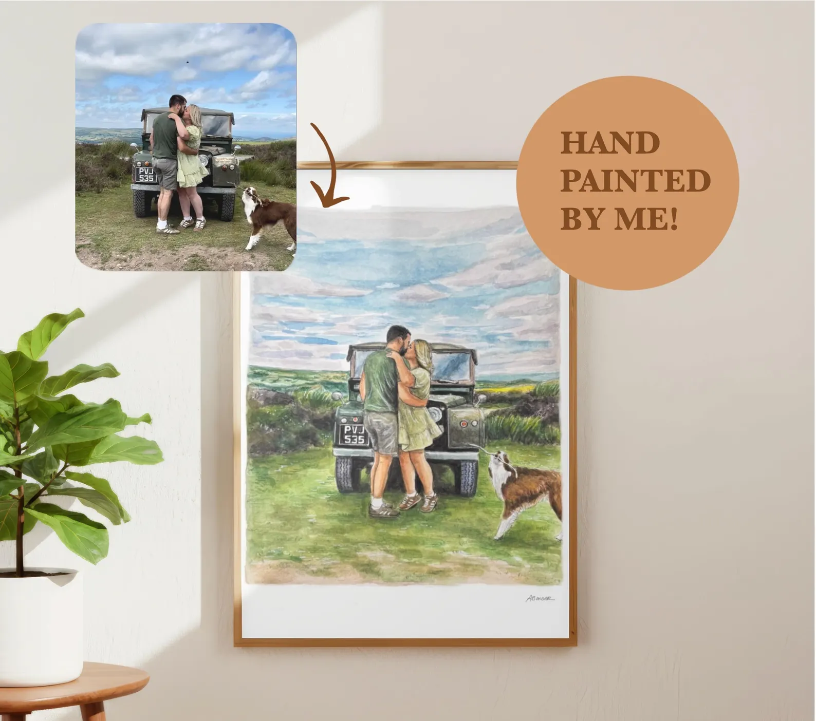 Original photo beside its finished custom portrait