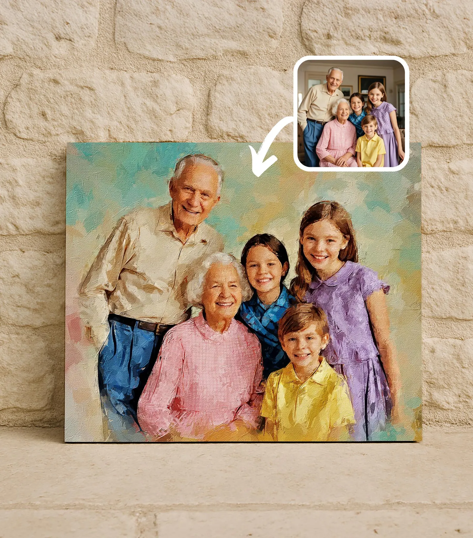 Before and after: family photo transformed into an oil-style painted portrait