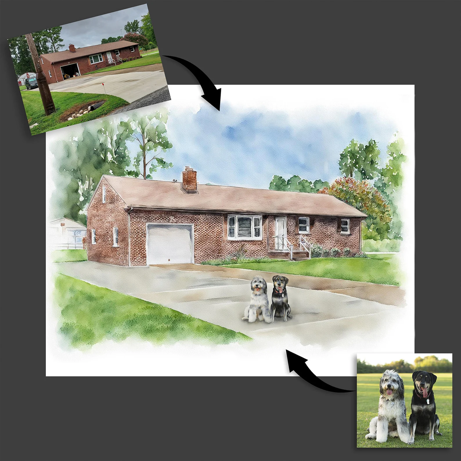 Before and after: house photo transformed into a watercolour house portrait