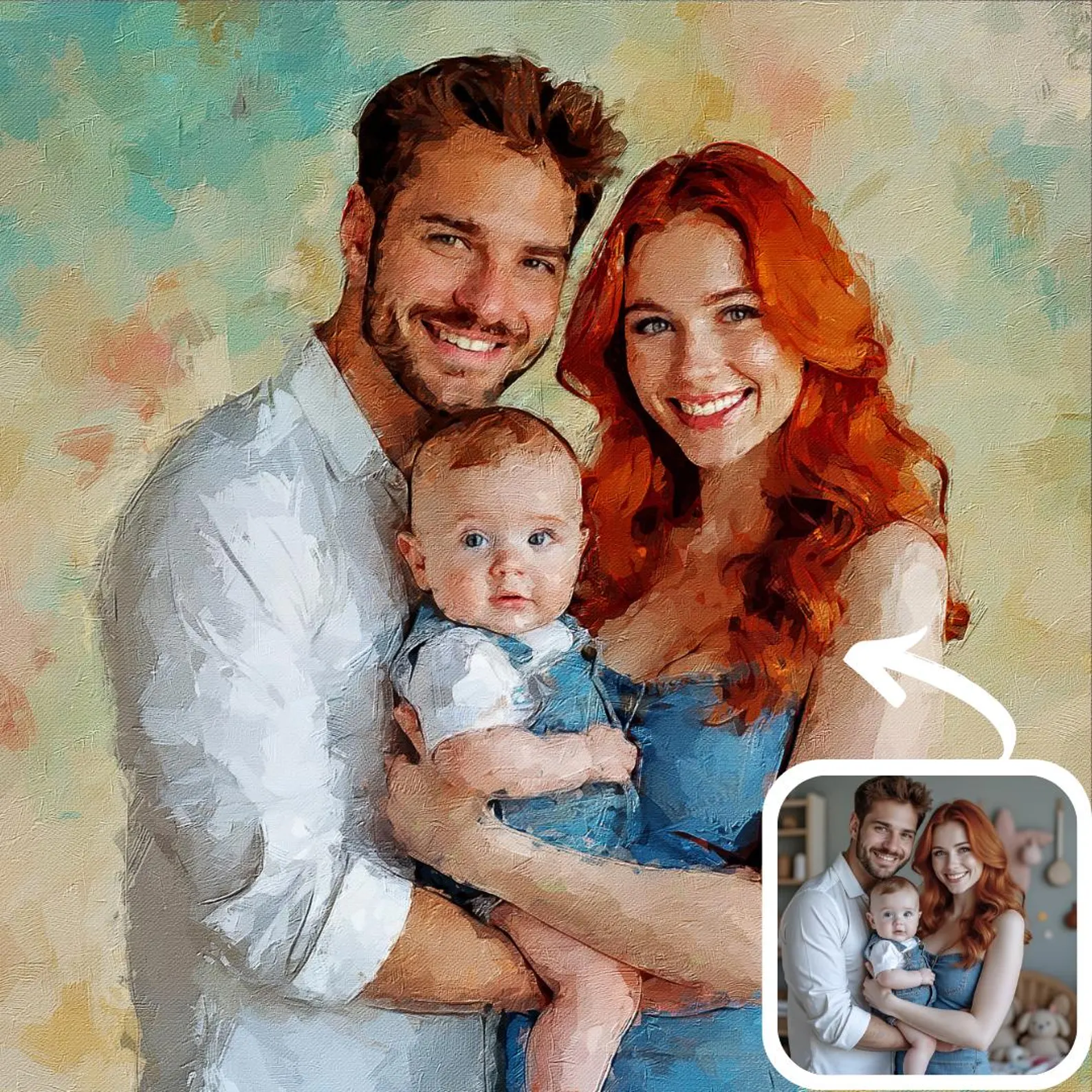 Before and after: family photo transformed into an oil-style couple and baby portrait